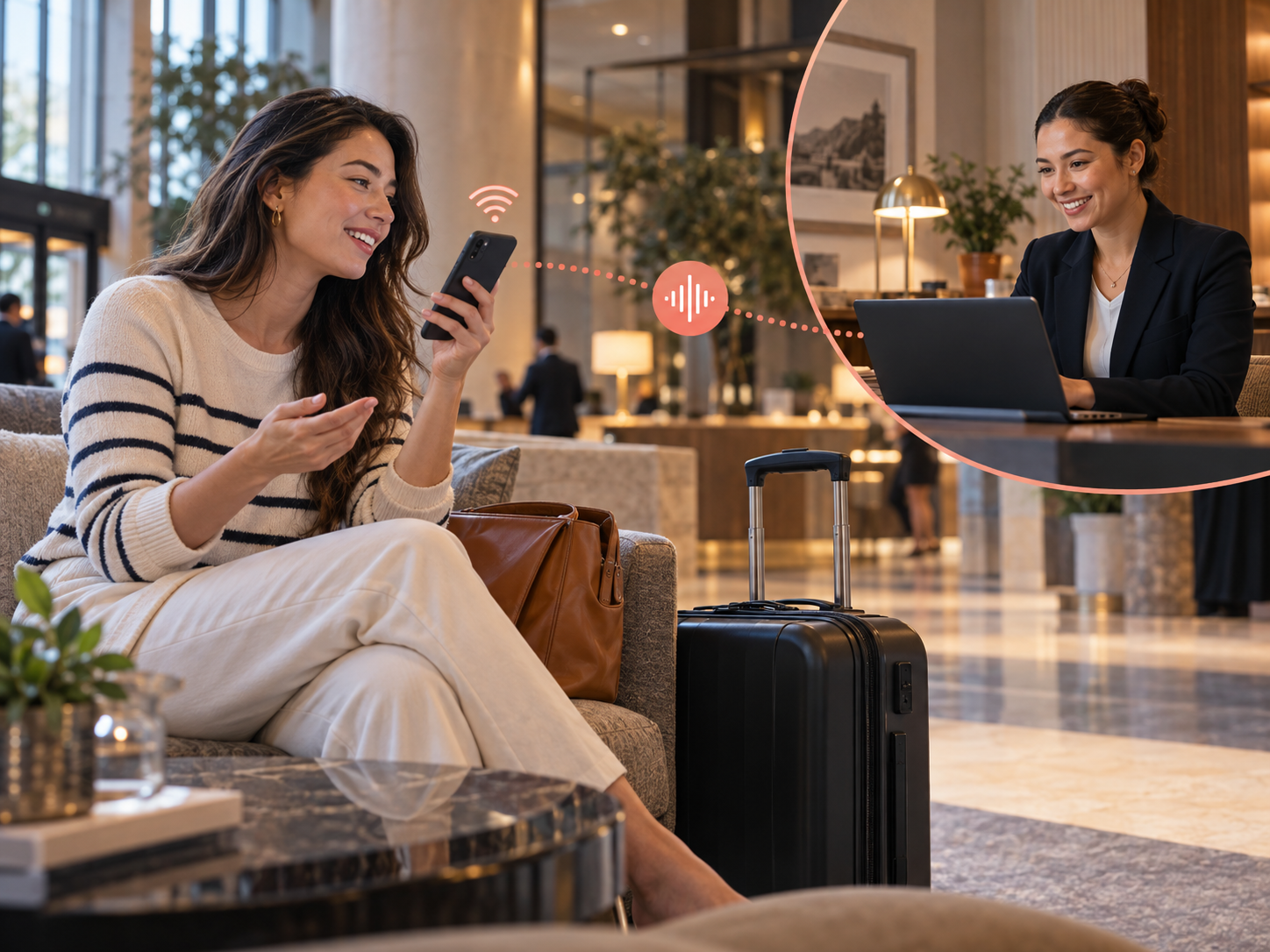 A traveller speaking with a hospitality team