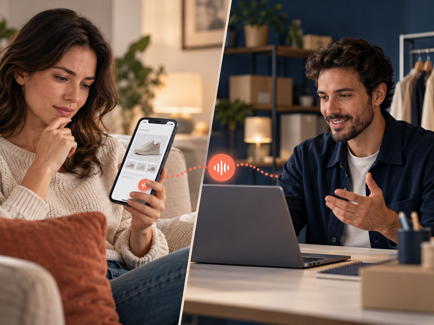 A shopper asking about a product by voice